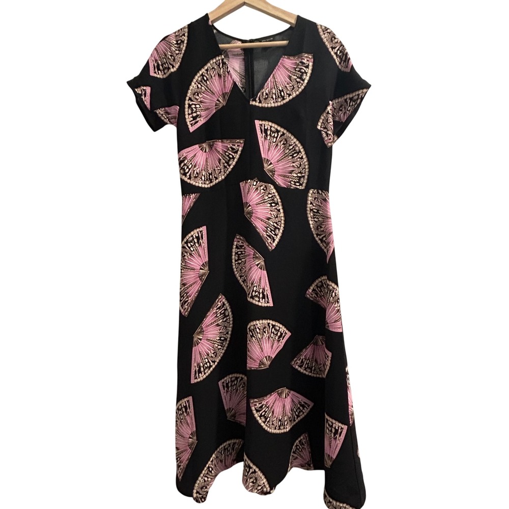 Ann Taylor Black Pink Hand Fan Print V-Neck Midi Dress Size 4